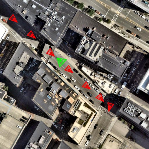 nuScenes satellite view with camera frustums