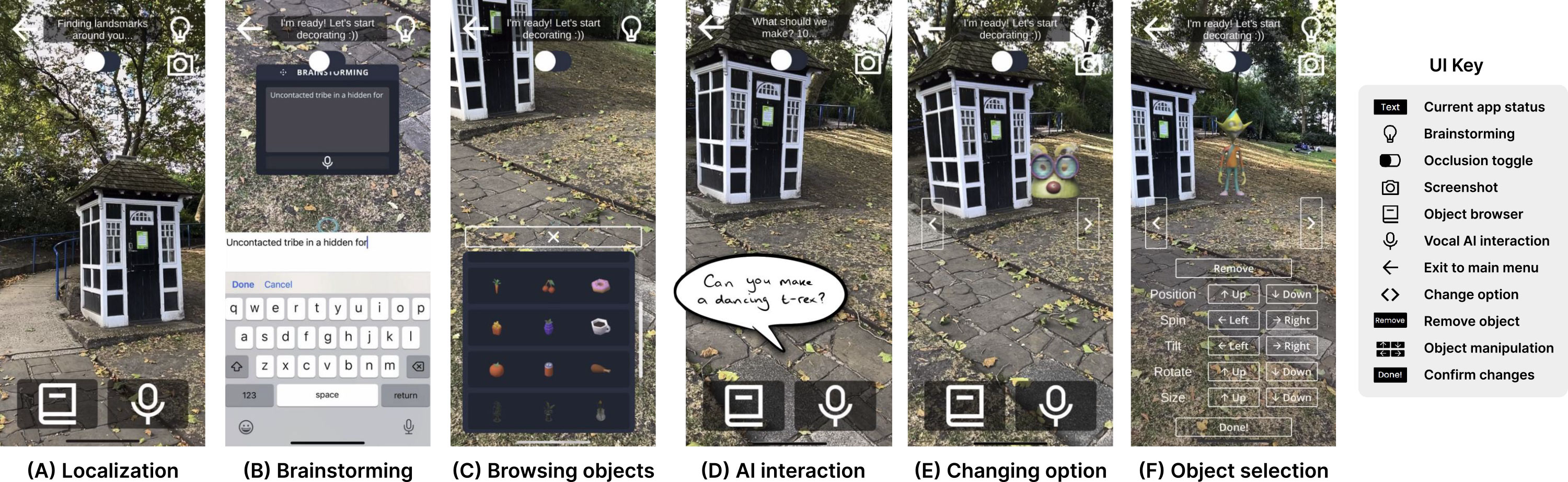 UI layout of ImaginateAR. Users can access different features of ImaginateAR through buttons such as lightbulb icon for brainstorming and mic icon for speaking to an AI agent.