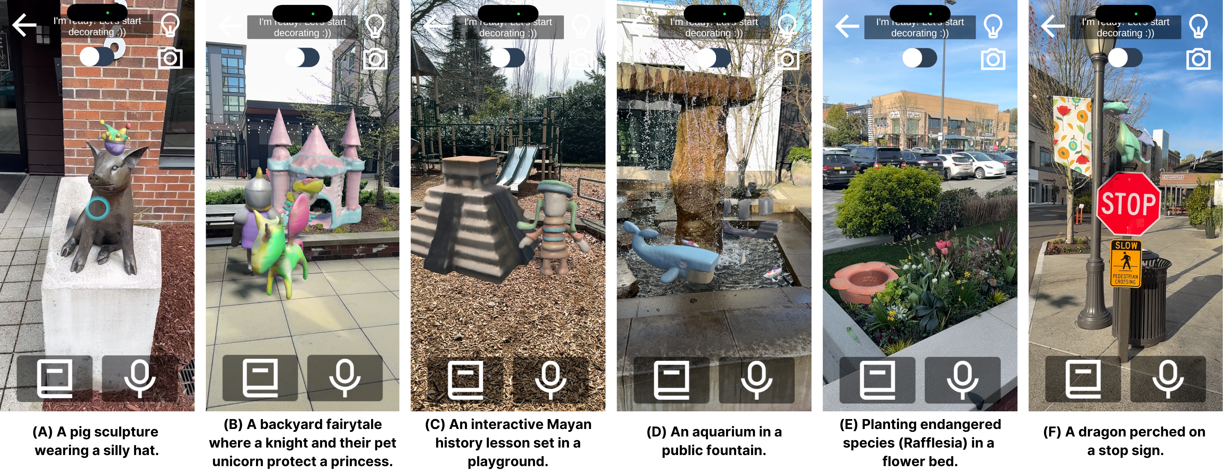 A proof by demonstration showing screenshots of ImaginateAR with various AR assets in real-world scenes, such as a colorful ‘silly hat’ on a real-world, metallic pig statue.