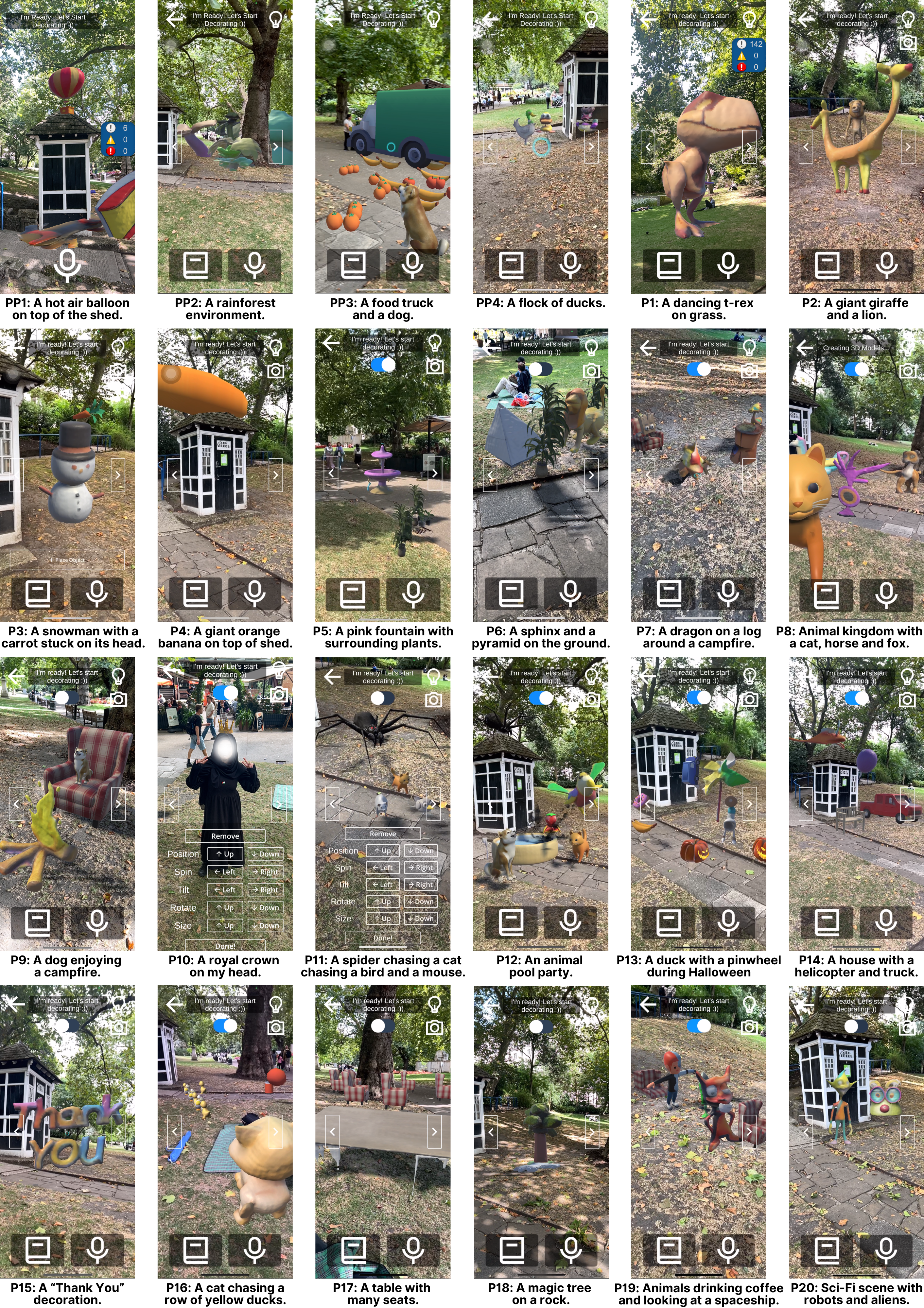 A collage of 24 AR scenes created by participants during Part 2 of the user study. Examples include ‘a dog enjoying a campfire’, ‘animal kingdom with cat, horse, and fox’, and ‘a dancing T-Rex on grass’.